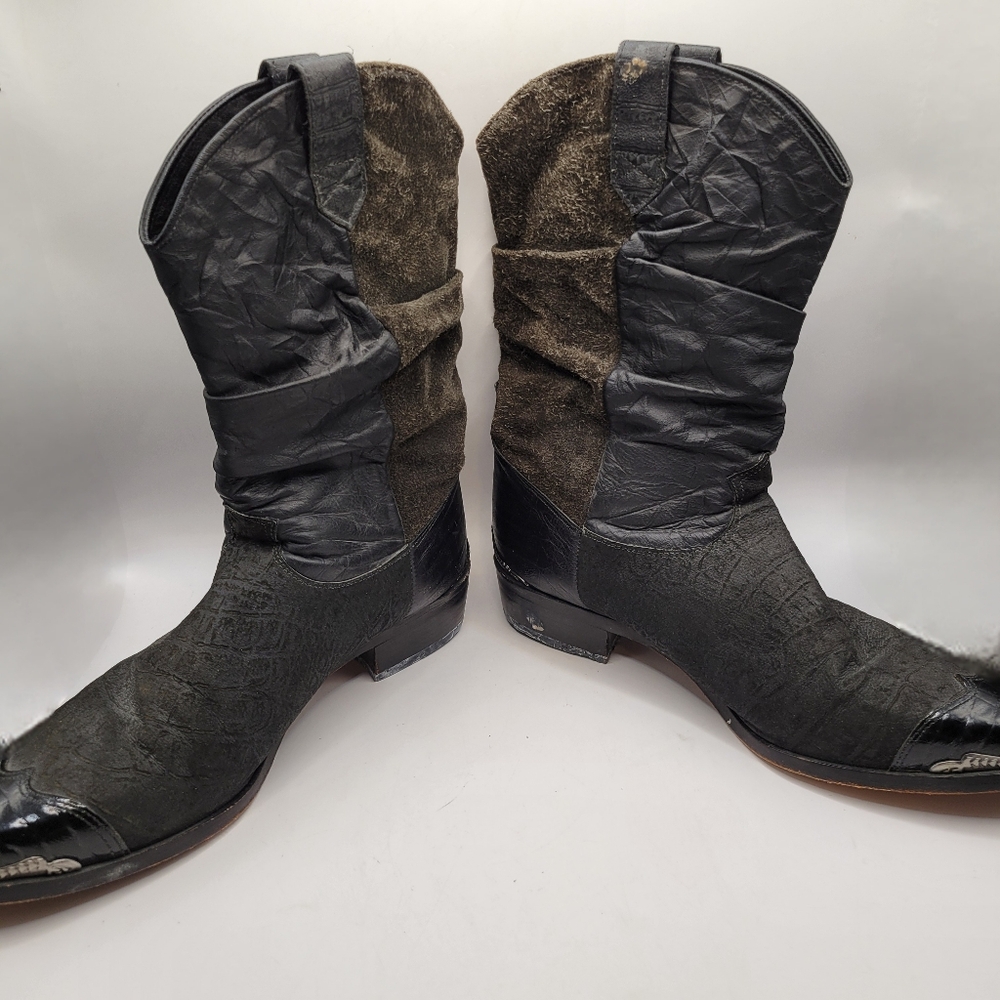 Zodiac Men’s Black Leather Slouch Cowboy Boots with Toe Tips & Heel Guards Sz 13